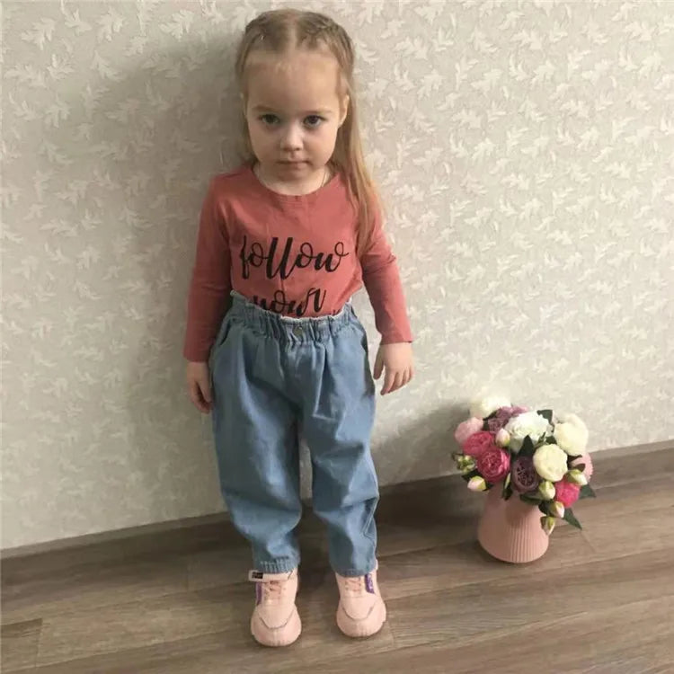 Children's jeans, casual pants for boys and girls, high-waisted, solid color, warm jeans, autumn/spring, 9M-4 years