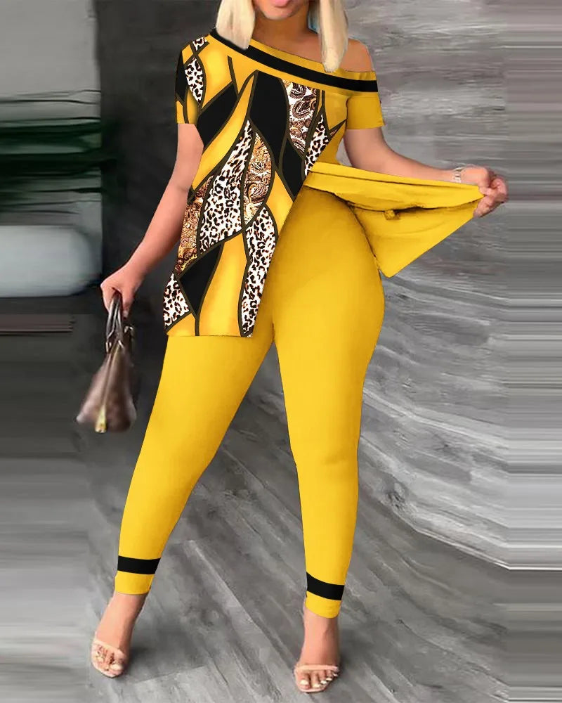 Women's Printed 2 Piece Set, Irregular Slanted Collar Split Top Short Sleeve Long Pants Colorful Outfit Fashion Women Pant Suit