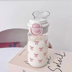 Nouveau Bouteille d'eau en paille à rabat avec nœud rose anti-fuite, tasse en plastique réutilisable, sport voyage pique-nique, verres portables avec couvercle sans BPA
