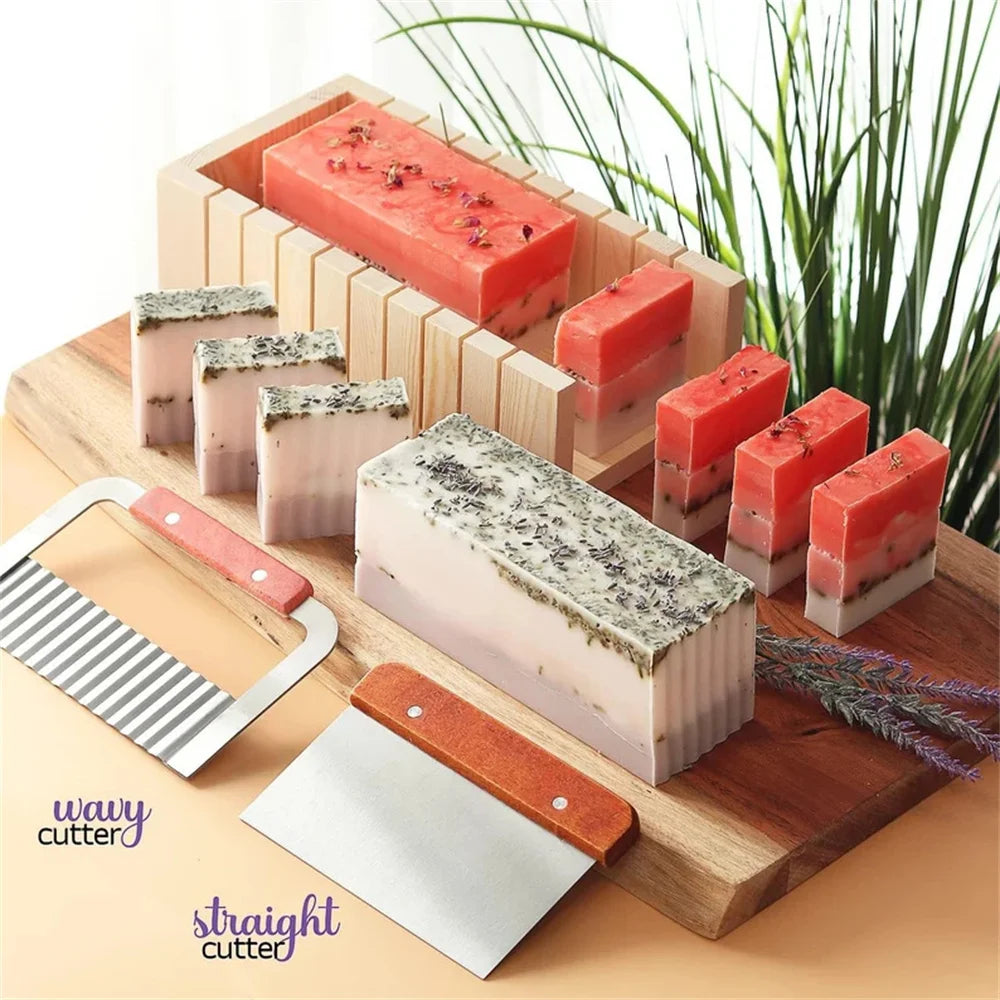 Kit de fabrication de savon fait à la main, boîte de découpe en bambou et boîte intérieure avec moule en Silicone, coupe droite en acier inoxydable et coupe ondulée, bricolage