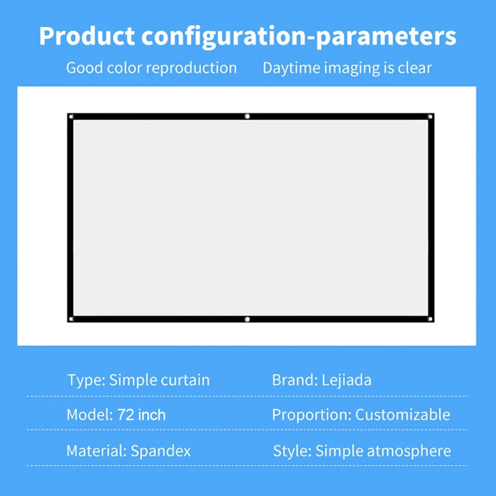 Écran de projection portable anti-lumière pour la maison et l'extérieur, rideau simple HD, cinéma maison de voyage, 60 pouces, 72 pouces, 84 pouces, 100 pouces, 120 pouces, 150 pouces
