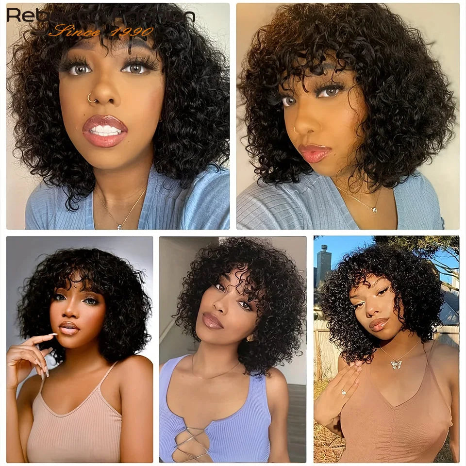 Perruques de cheveux humains Pixie Cut Bob avec frange pour femme, perruque pleine machine bouclée, surbrillance, couleur blond miel, court, caution