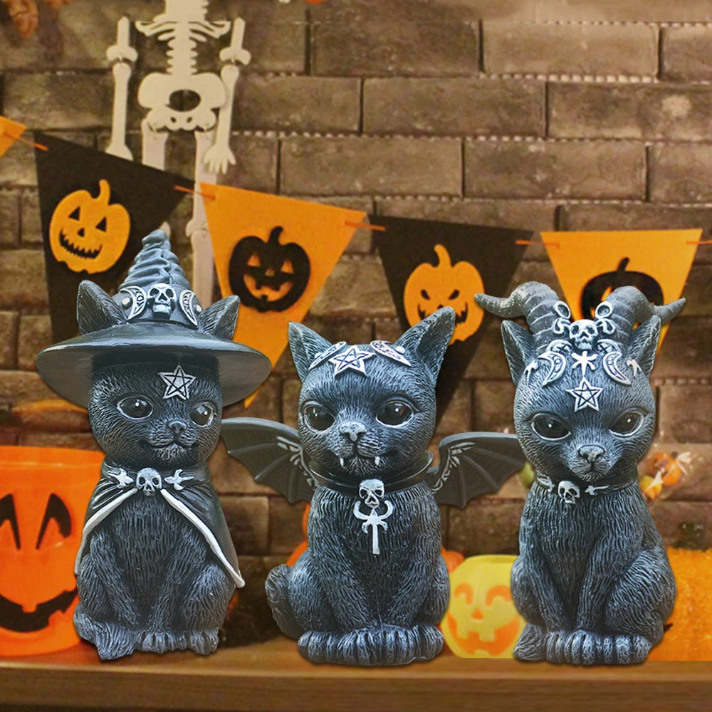 Figurine décorative d'halloween, Sculpture de chat sorcière de jardin, Statue de chaton gothique, chat magique noir, hibou, ornement de magicien, Miniature mignonne