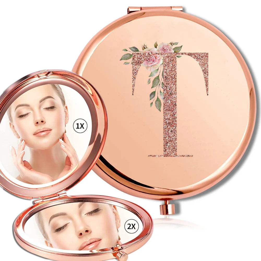 Miroir rond de maquillage grossissant Double face en métal, cosmétique, aspect Portable, verre, Compact, motif de lettres en or Rose