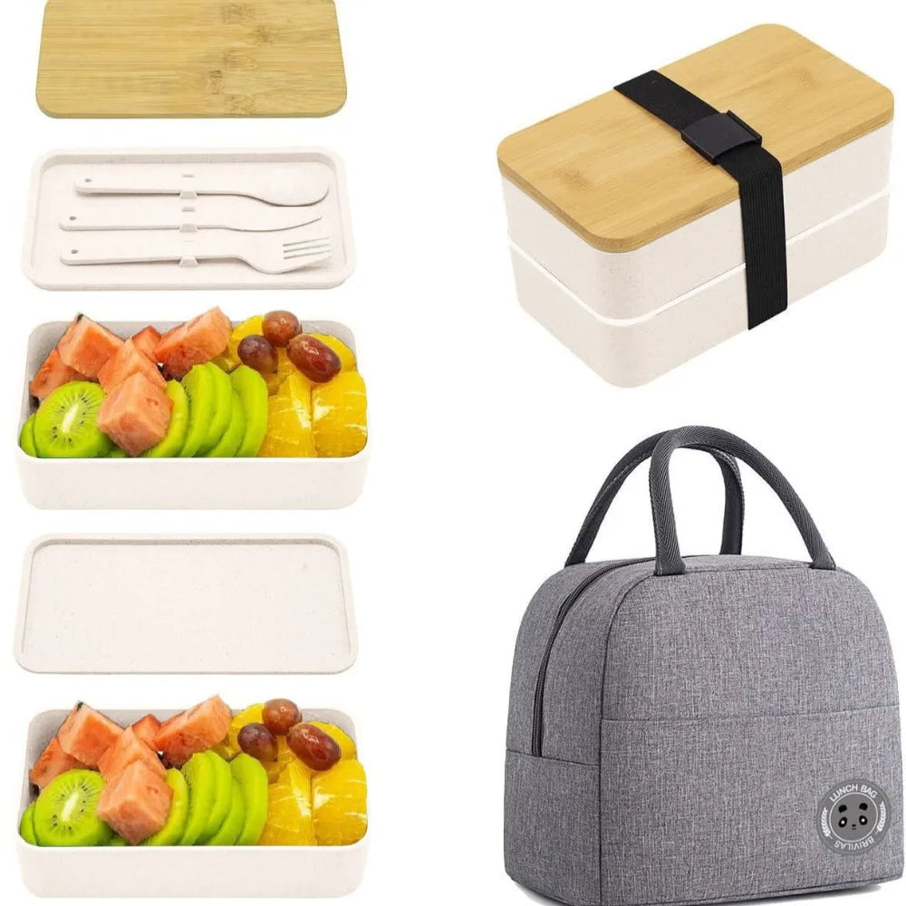 Boîte à Déjeuner Synchronisée avec Couvercle en Bois pour Pique-Nique, Micro-ondes, Bento Japonais, Portable, Double Couche, Récipient Alimentaire pour Enfants, 1200ml