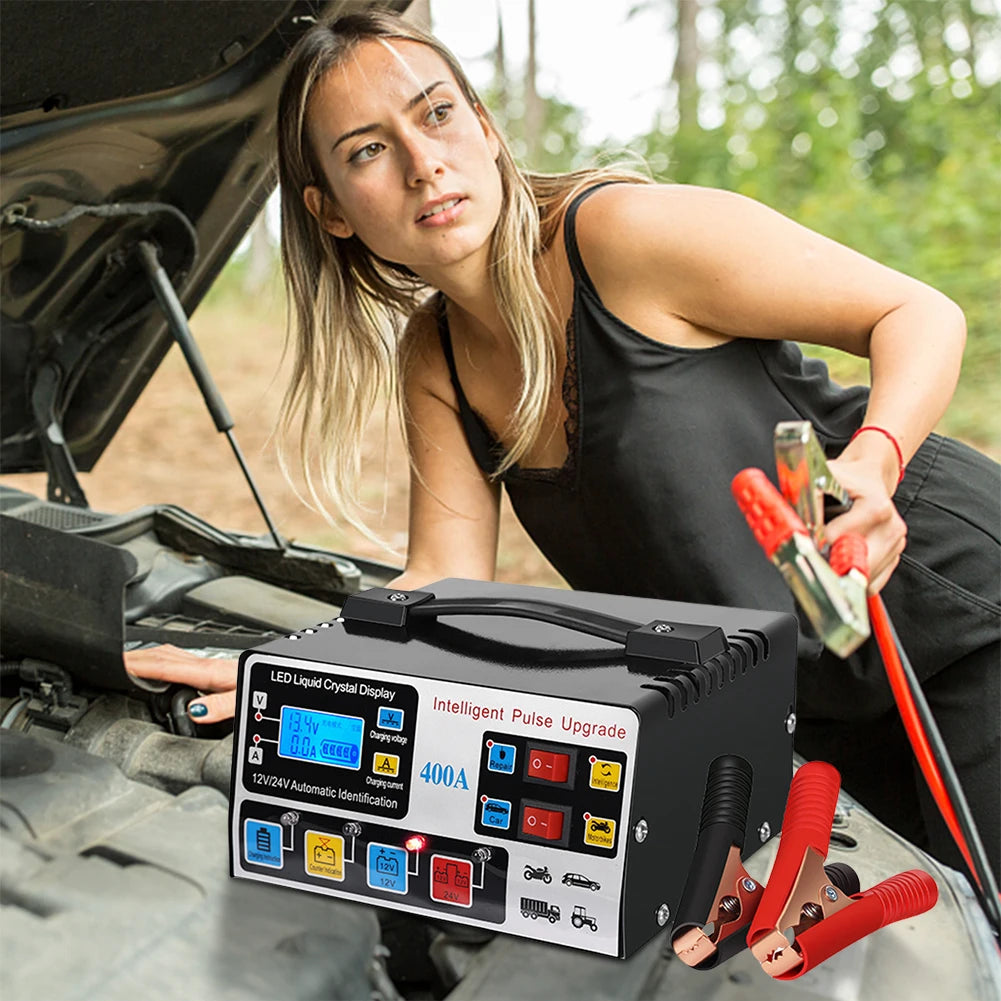 High-power car battery charger, fast charger, intelligent pulse repair, automatic shut-off, 400A, 12V, 24V, 220W