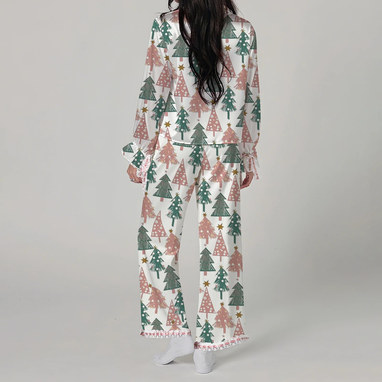 Ensemble pyjama de noël 2 pièces pour femmes, imprimé père noël/arc, dentelle en Satin, à nouer, manches longues, chemises à boutons, pantalons, vêtements de nuit