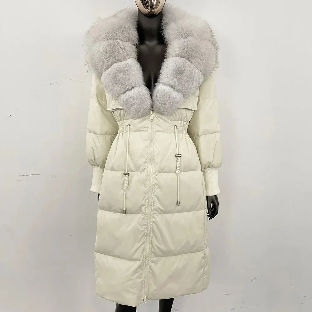 Doudoune longue avec col en fourrure pour femme, pardessus en fourrure de renard, longueur aux genoux, à la mode, chaude, cintrée à la taille, vêtements d'extérieur amincissants