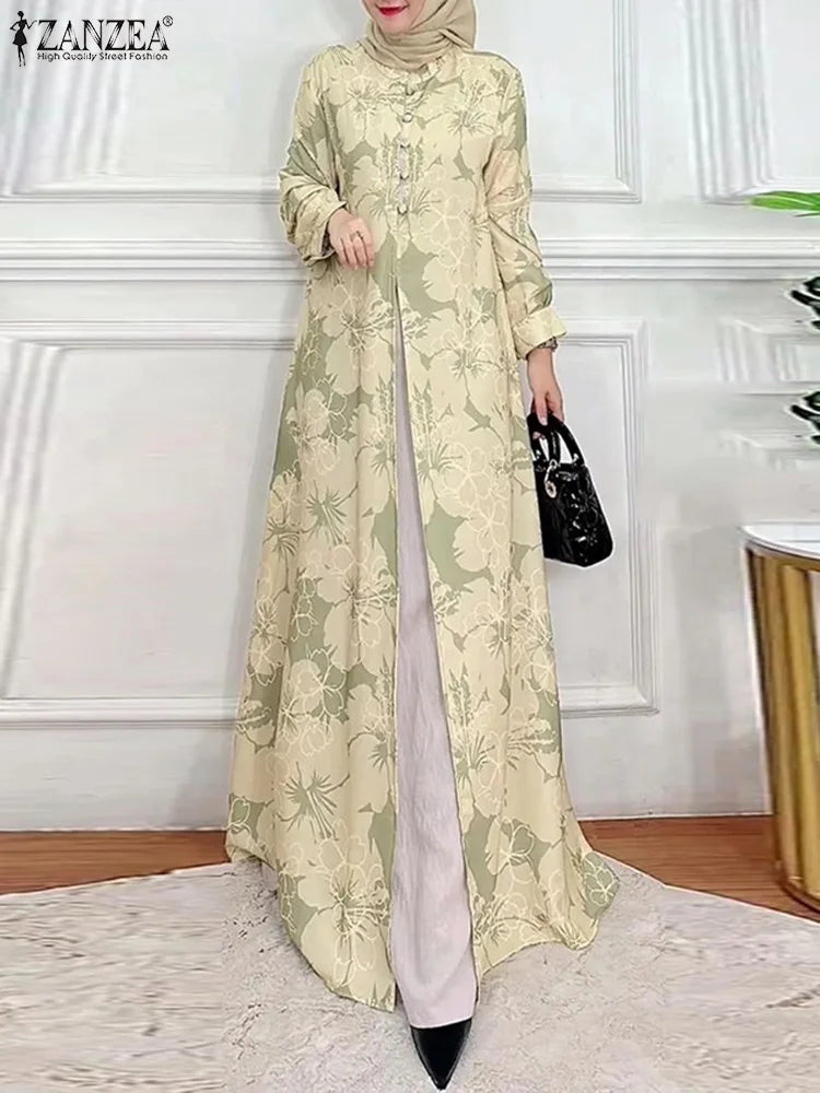 ZANZEA-Robe maxi patchwork à manches longues pour femmes, Abaya musulmane, Robe d'été élégante, Robe imprimée florale, Robe de ramadan, Kaftan éducatif, Mode