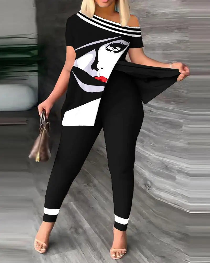 Women's Printed 2 Piece Set, Irregular Slanted Collar Split Top Short Sleeve Long Pants Colorful Outfit Fashion Women Pant Suit