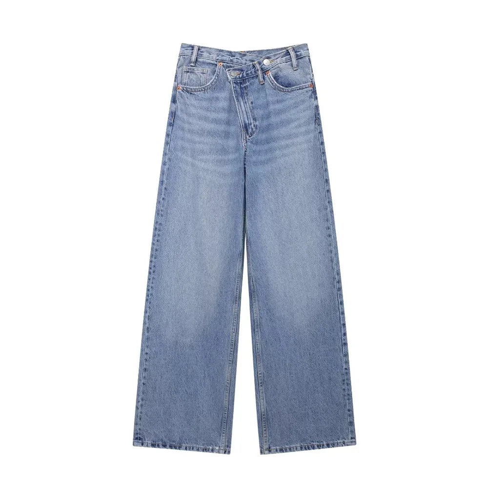 Jeans asymétriques à taille haute et à jambes larges pour femmes nouveaux modèles de base mode polyvalente pantalons droits pantalons