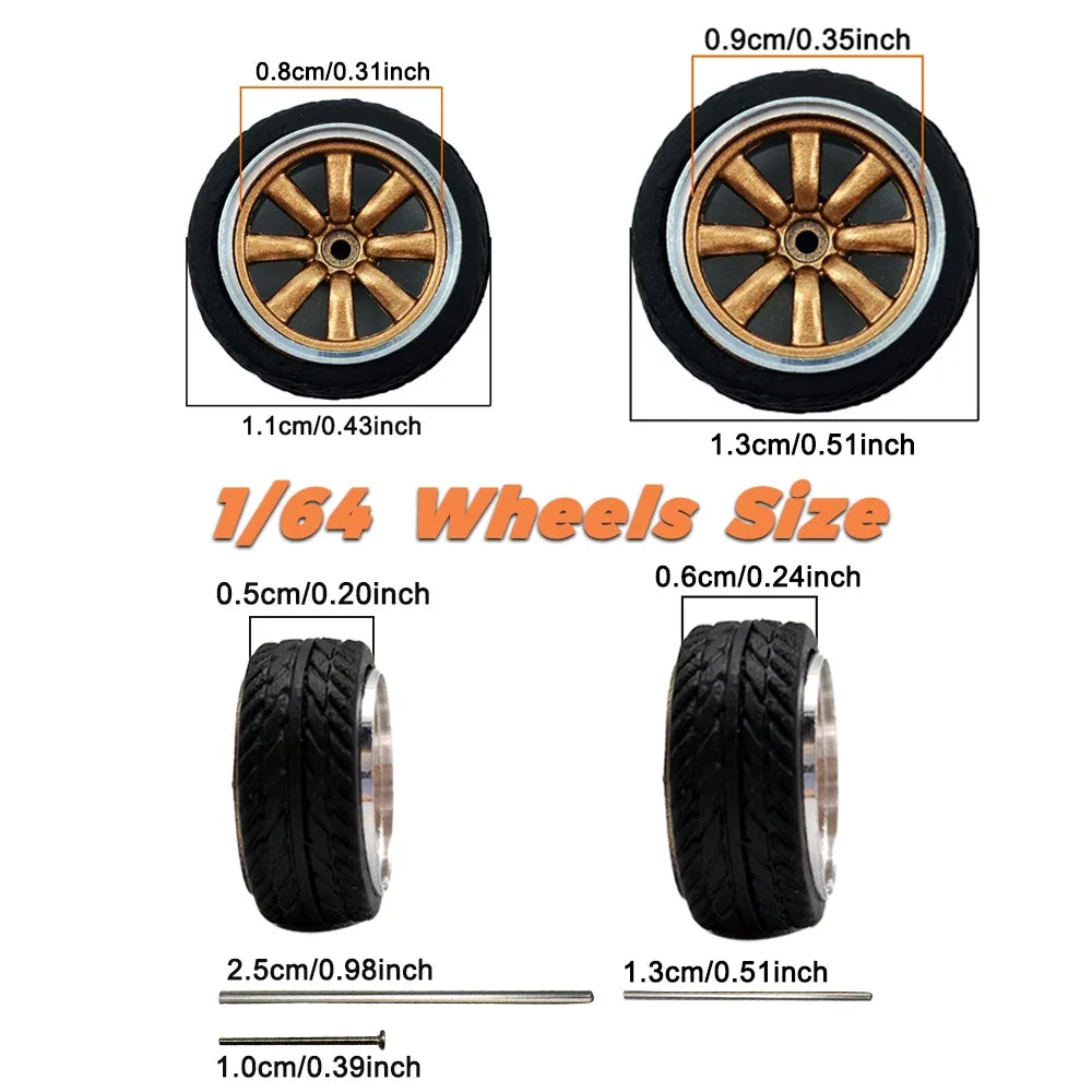 KicarHapp1/64-Jantes Métalliques ABS avec Caoutchouc pour Voiture Miniature, Pièces de Réaménagement Avant, Petite et Arrière