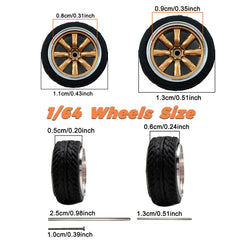 KicarHapp1/64-Jantes Métalliques ABS avec Caoutchouc pour Voiture Miniature, Pièces de Réaménagement Avant, Petite et Arrière