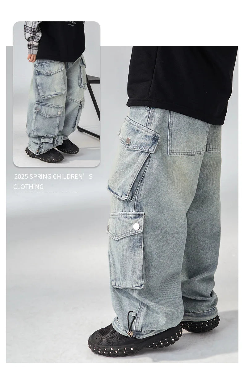 Jean ample à jambes larges pour garçons, pantalon de travail pour enfants moyens et grands, coupe confortable, printemps-automne
