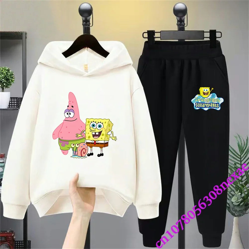 Spongebob-Pull imprimé dessin animé pour enfants, vêtements pour garçons et filles, imbibé, printemps et automne, Sportif, fjedly, 2 pièces