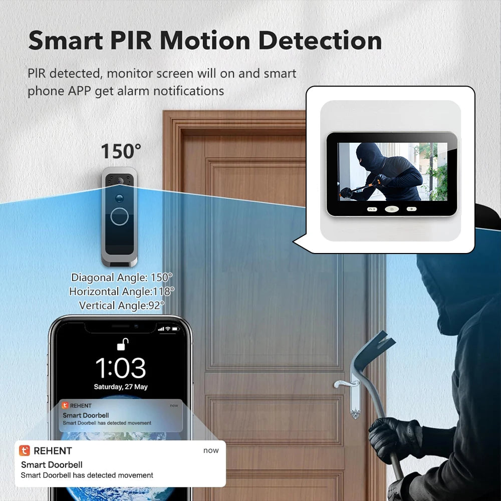 Tuya Smart Life 1080P WiFi vidéo sonnette batterie 100% système d'interphone de porte sans fil PIR caméra extérieure 5 pouces écran de moniteur