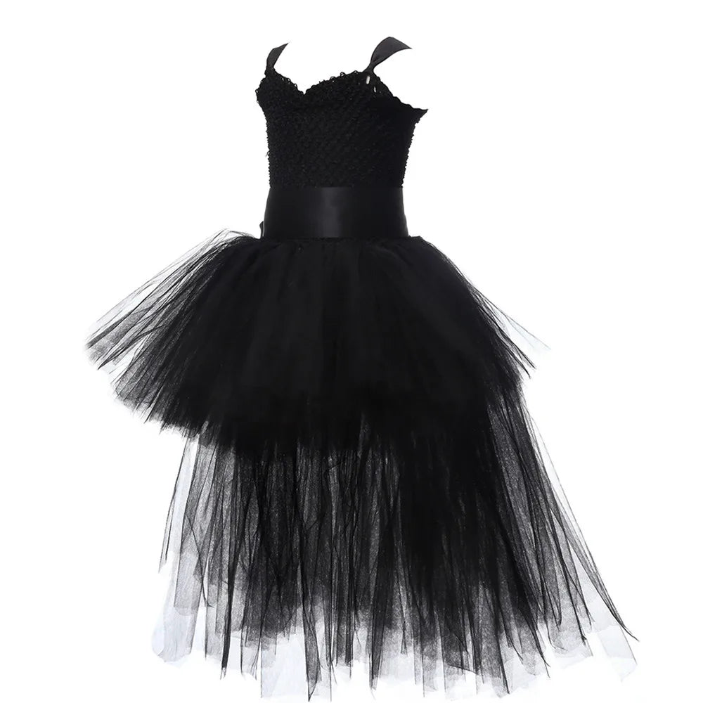 Girls Pink Black Tutu Dress V-Neck Train Girl Evening Birthday Party Tulle Dresses Girl Ball Gown Kids Halloween Costumes