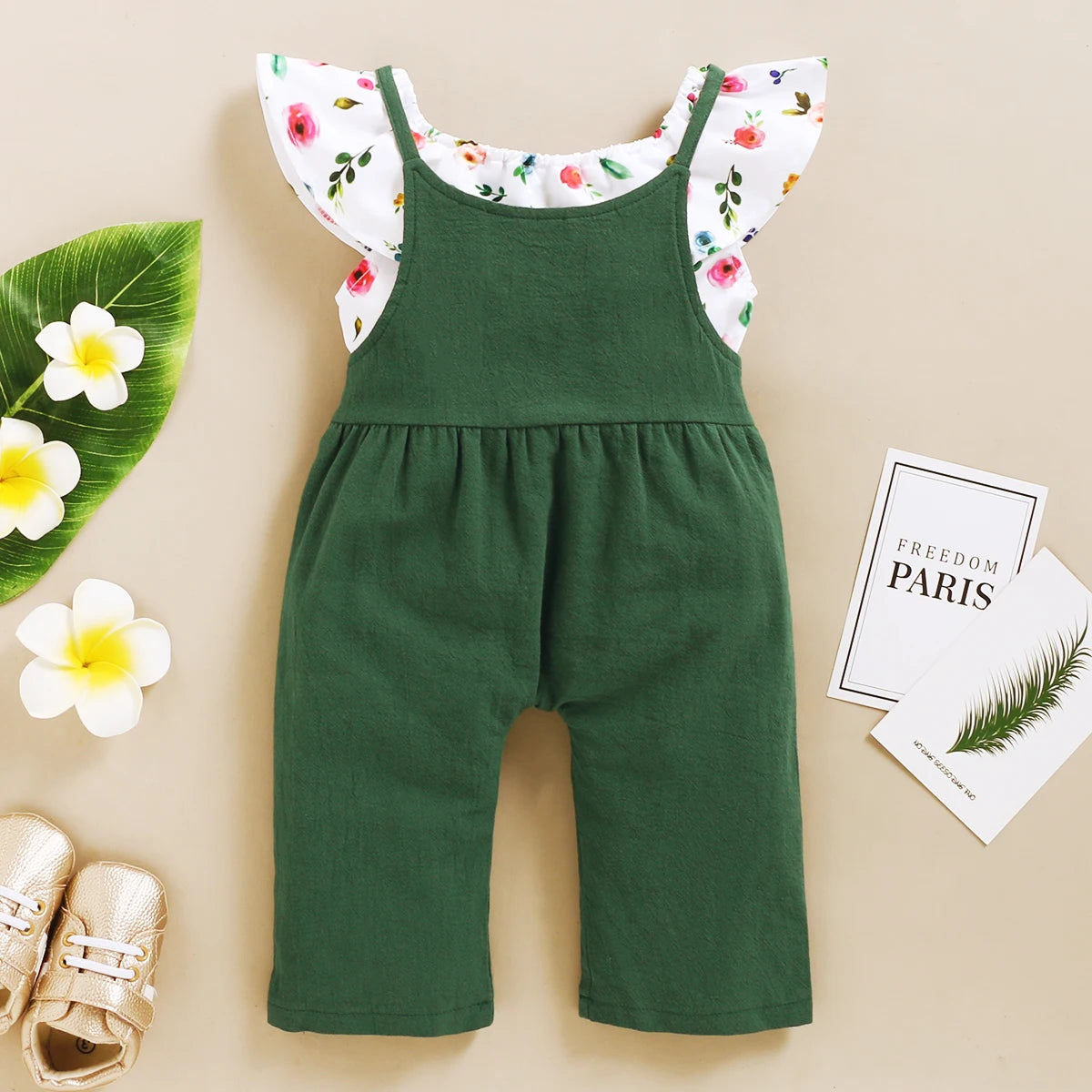 Ensemble de vêtements pour petites filles de 1 à 5 ans, imprimé Floral, feuille de Lotus, haut court + pantalon à bretelles, tenue mignonne à la mode, 2 pièces