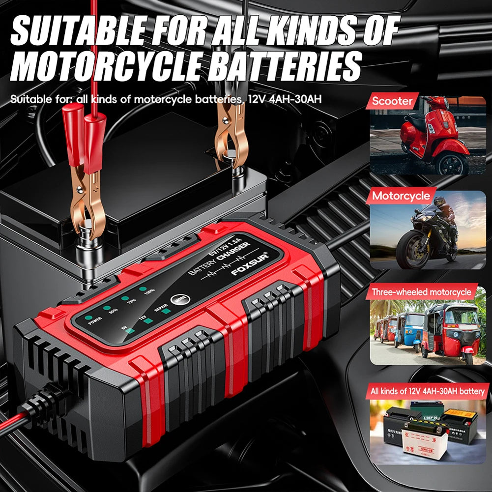 6V 12V 1.5A Electric Car Battery Charger, for Electric Motorcycles, Smart, for Car, Truck, Boat, SUV, AGM GEL Lead-Acid Batteries