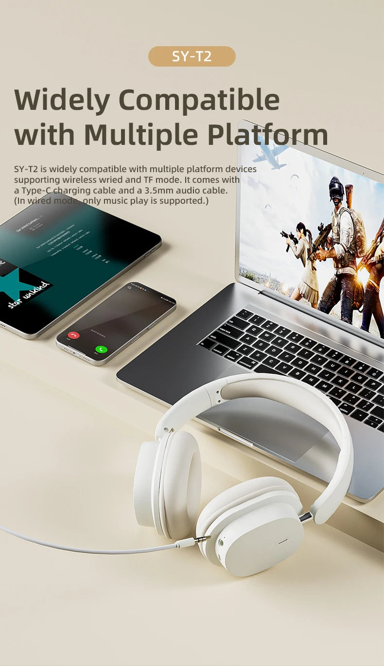 Casque sans fil Bluetooth 5.3 à la mode, casque stéréo HIFI portable supra-auriculaire, casque d'affaires, écouteurs de jeu à faible latence, prise en charge de la connexion 3,5 mm et de la lecture de cartes TF