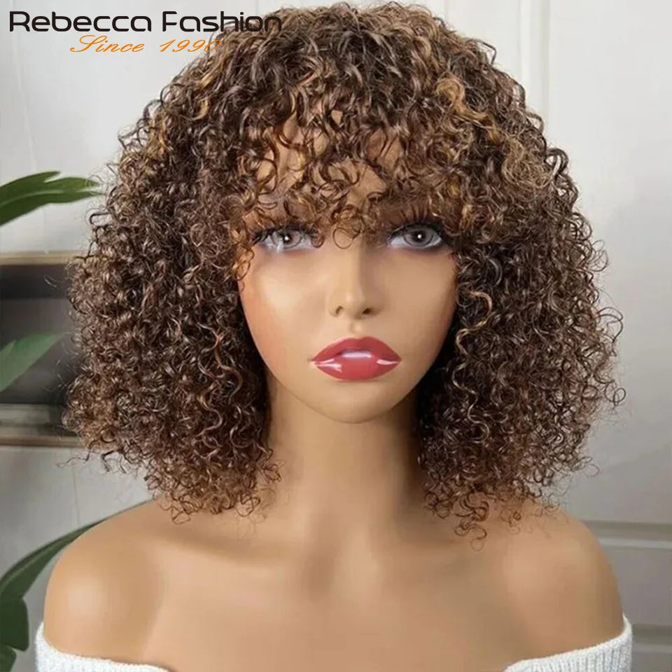 Perruques de cheveux humains Pixie Cut Bob avec frange pour femme, perruque pleine machine bouclée, surbrillance, couleur blond miel, court, caution