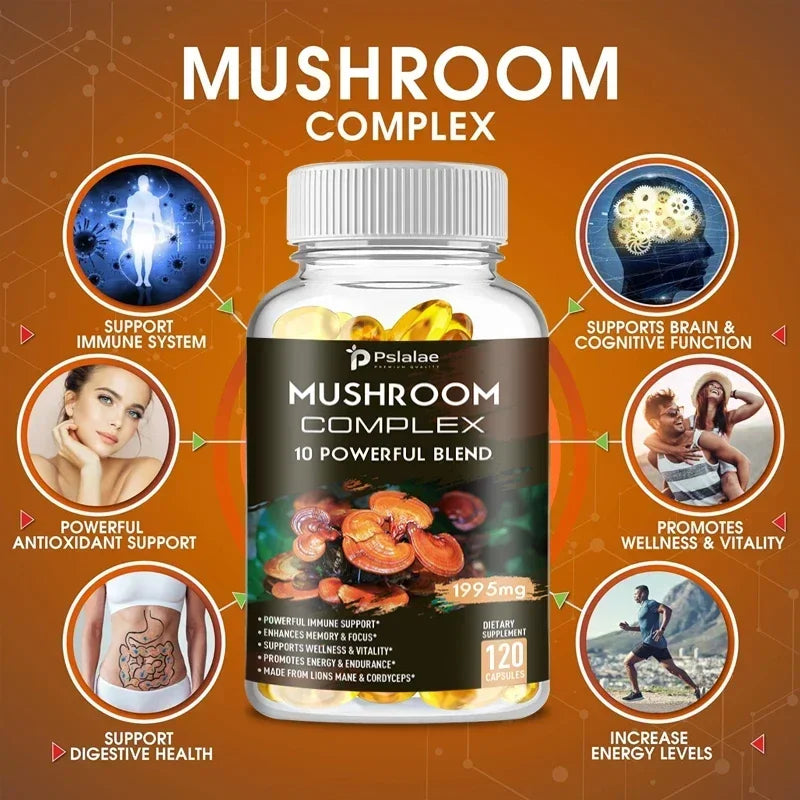 Capsules complexes de champignons - Cordyceps Reishi, immunité, stress, énergie, clarté mentale et soutien de la concentration - Supplément cérébral