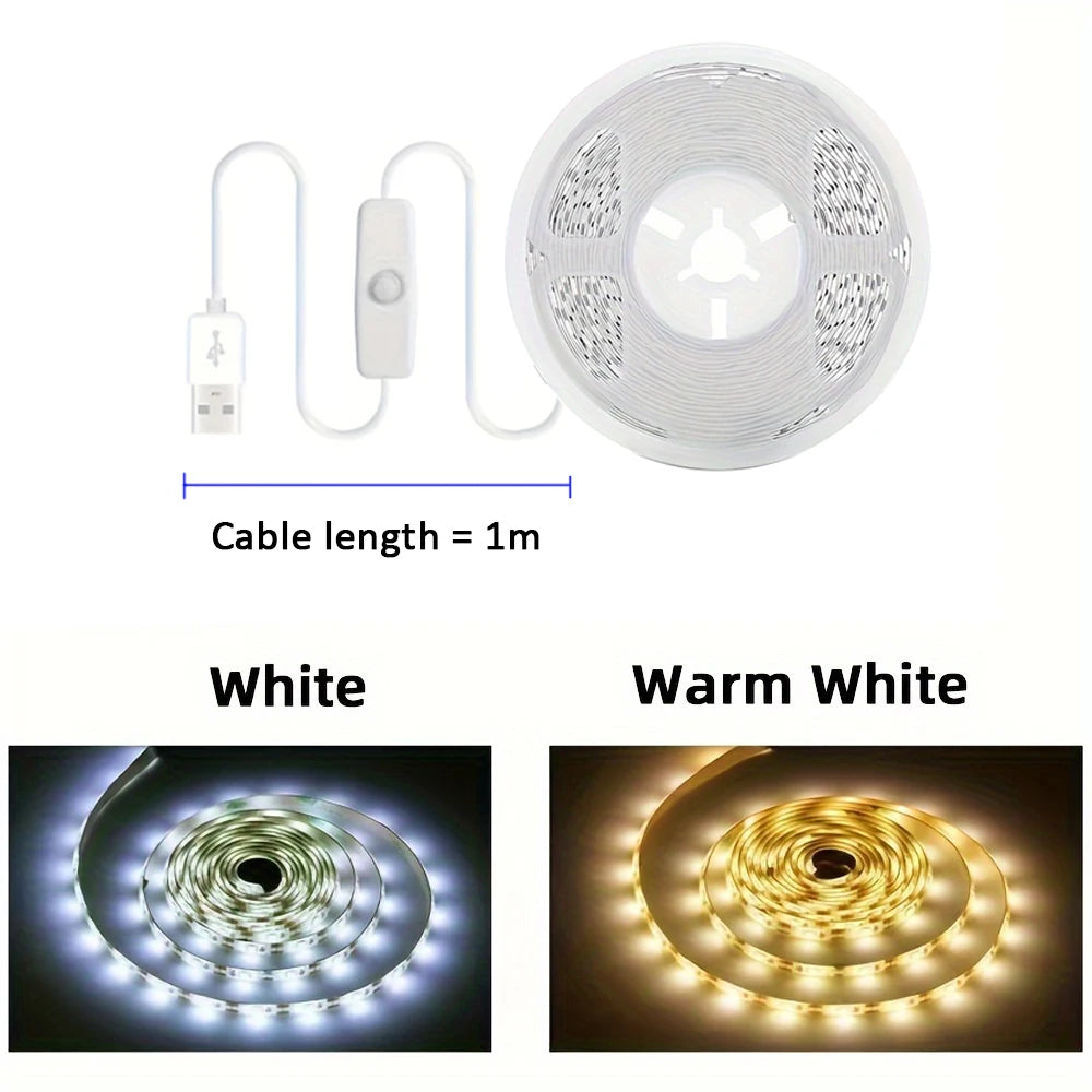 USB DC 5V 2835 LED strip light, white/warm white, with on/off switch, for bedroom, mirror, wardrobe, cabinet, TV