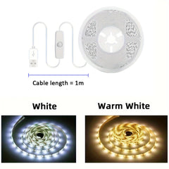 USB DC 5V 2835 LED strip light, white/warm white, with on/off switch, for bedroom, mirror, wardrobe, cabinet, TV