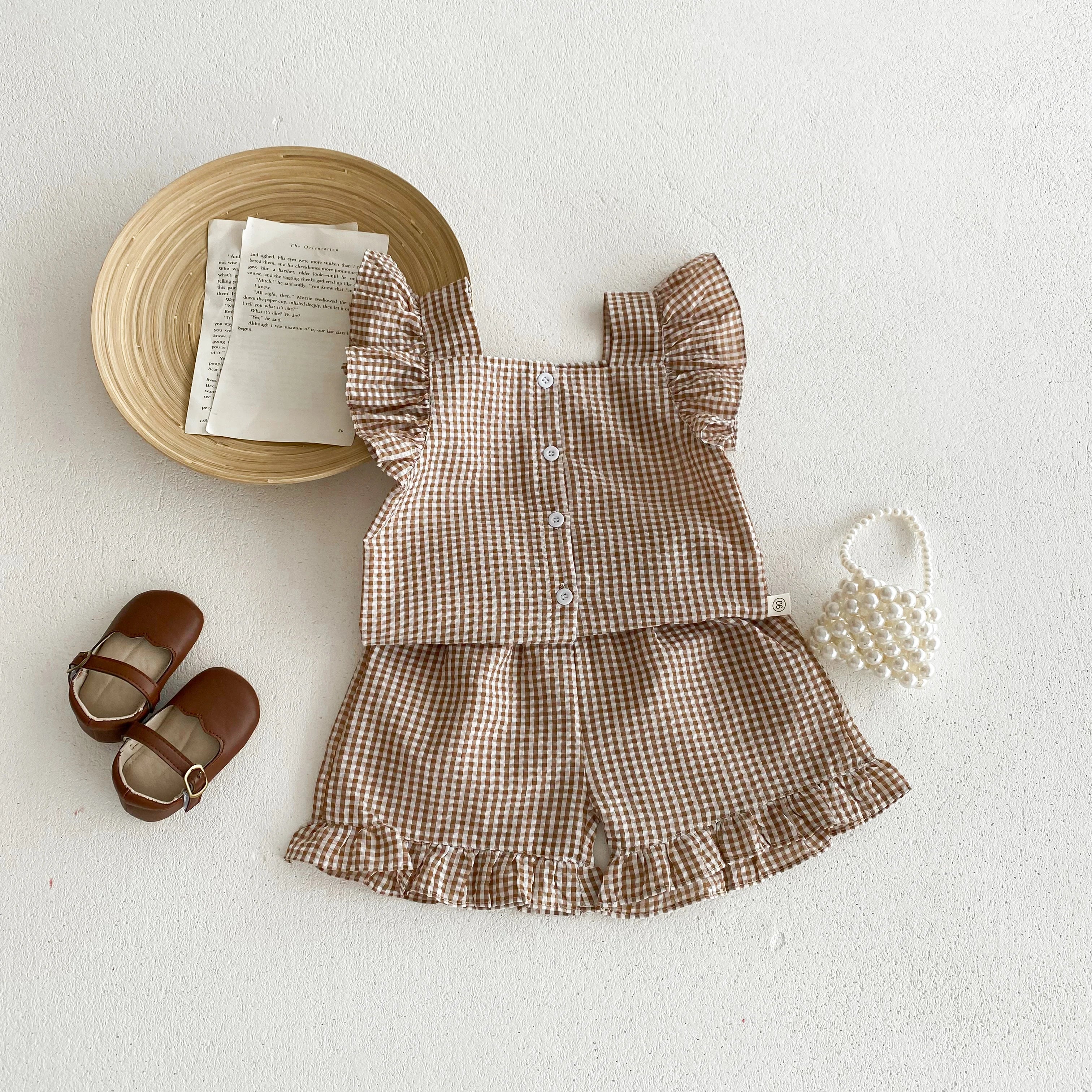 Tenue d'été pour enfants de 2 à 6 ans, vêtements pour bébés filles, chemisiers sans manches à carreaux + short, ensemble deux pièces