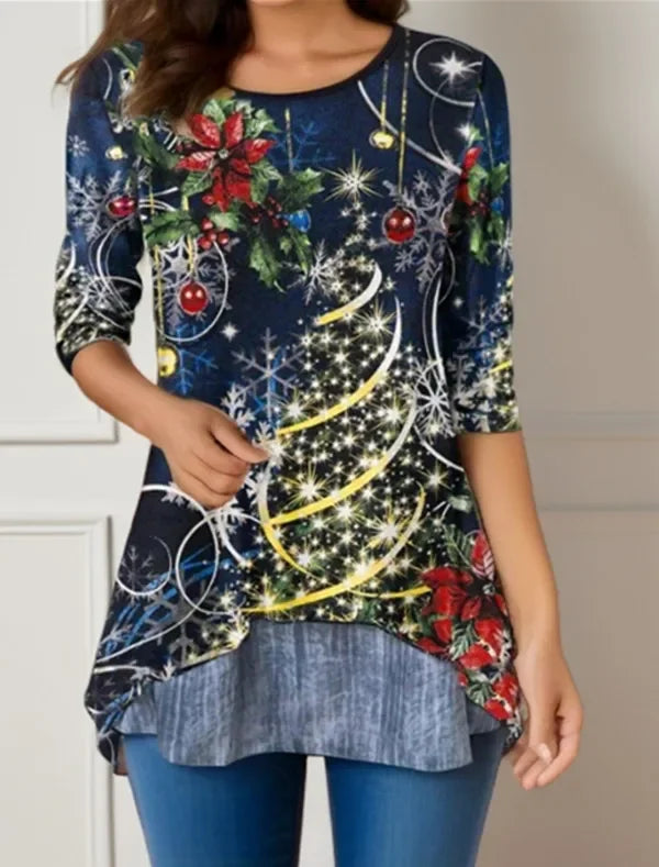 Arbre de noël femmes t-shirt mode col rond à manches longues hauts chemises impression 3D décontracté Harajuku femme grande taille vêtements