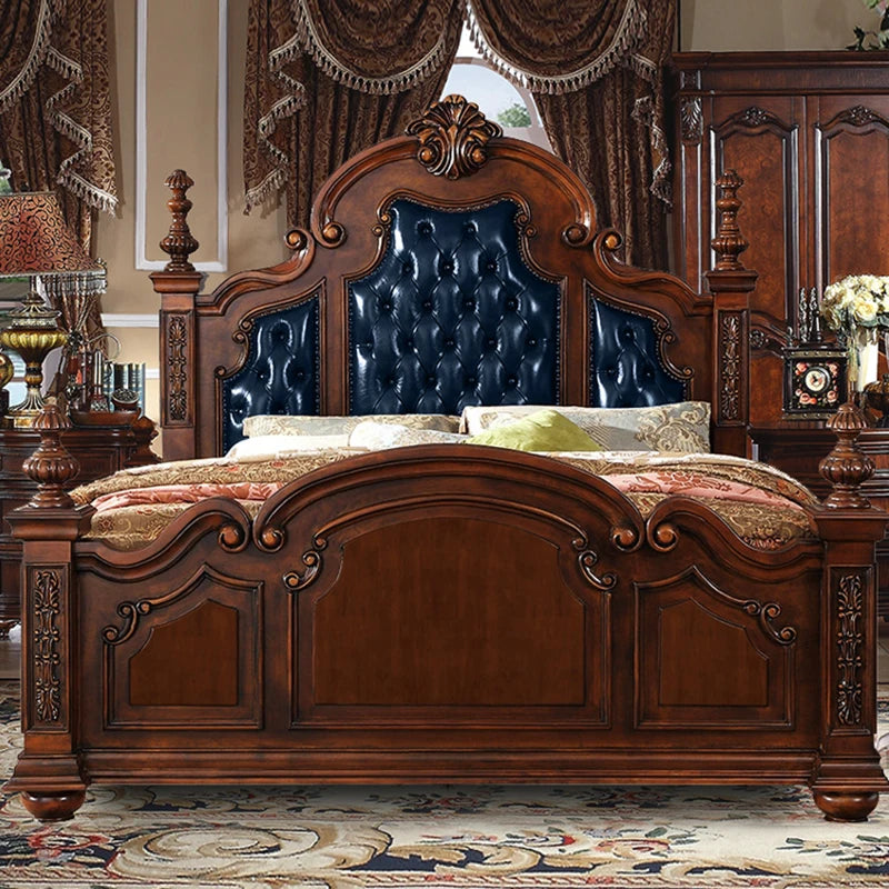 Lit double en cuir américain, lit de princesse rétro, tout en bois massif, européen