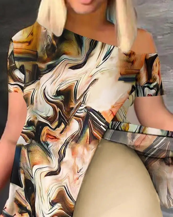 Ensemble deux pièces pour femmes, haut à manches courtes et ourlet fendu, col oblique, décontracté, ensemble 03/shorts, mode été 2023