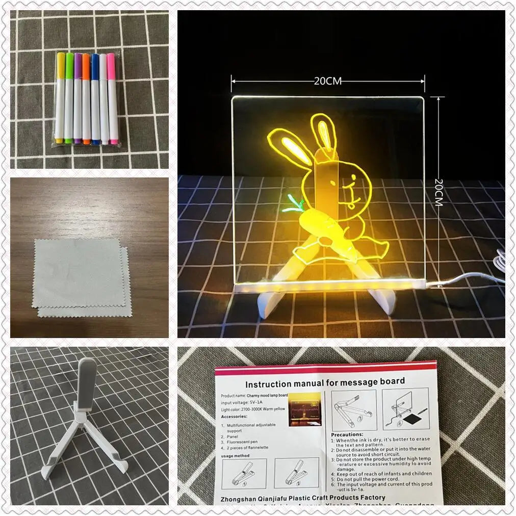 Tableau de notes LED veilleuse avec 7 stylos colorés, tableau d'affichage en acrylique, peinture effaçable, planche à dessin pour enfants, cadeau d'anniversaire