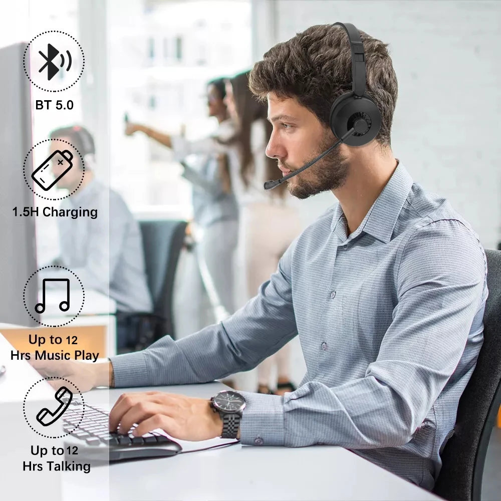 Casque sans fil Bluetooth 5.0 avec microphone antibruit, idéal pour les conducteurs de camion, les bureaux, les travaux sur le centre d'appels
