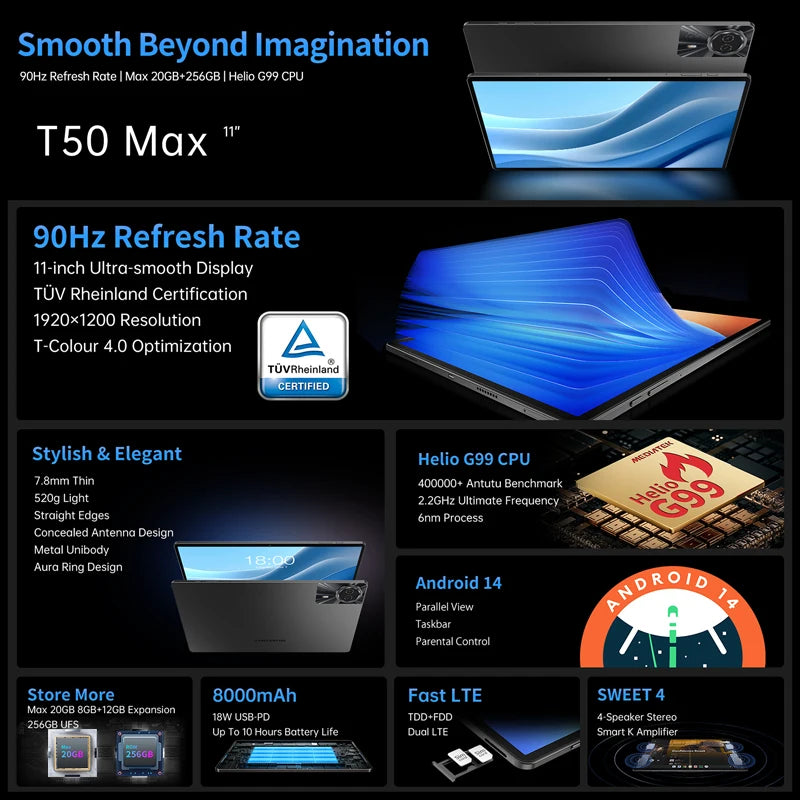 【Première mondiale】 Tablette Teclast T50 Max Écran 11" FHD 90 Hz Android 14 MediaTek G99 8 Go de RAM 256 Go ROM 8000 mAh Type-C Widevine L1