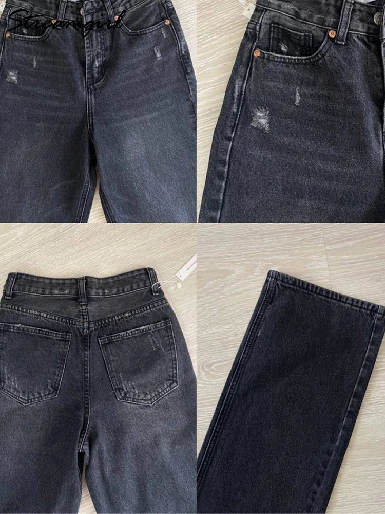 Jean bleu femmes taille haute 2025 ample décontracté petit ami jean Long pour le travail dames Simple jambe droite Denim pantalon pour les femmes