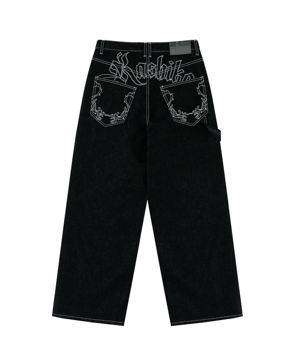 Retro 90s street-style embroidered jeans for men and women, R&amp;B, solid color, straight leg, women's, Y2K, Harajuku, Hip Hop, punk style