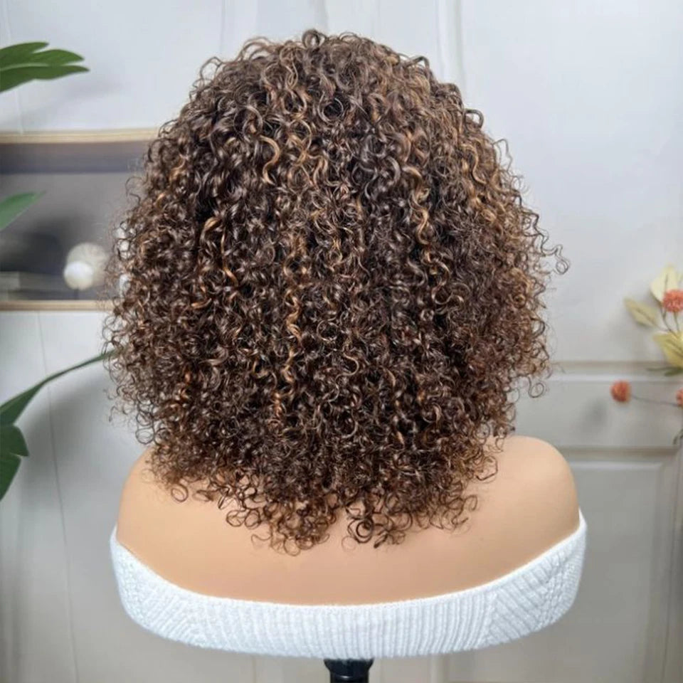 Perruques de cheveux humains Pixie Cut Bob avec frange pour femme, perruque pleine machine bouclée, surbrillance, couleur blond miel, court, caution