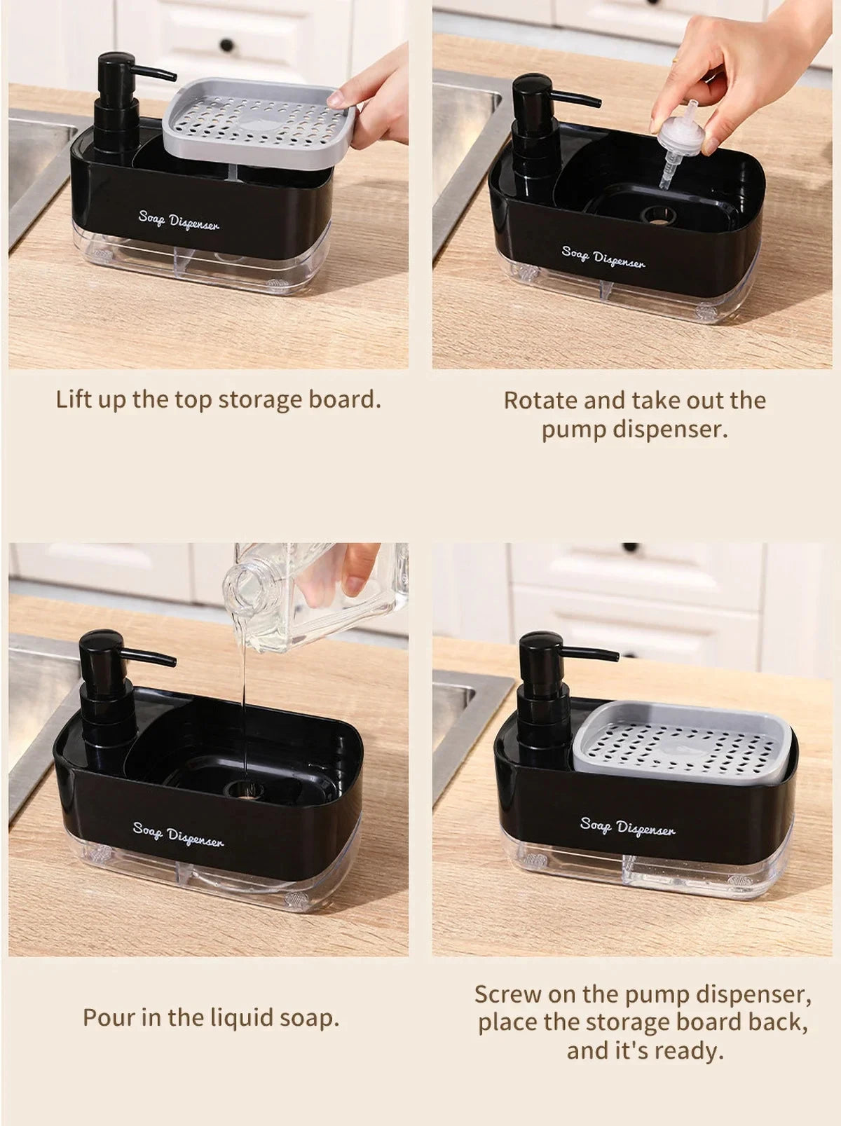 Ensemble distributeur de savon pour les mains et la vaisselle, distributeur de détergent, porte-éponge, pompe à savon de comptoir 2 en 1 pour évier de cuisine