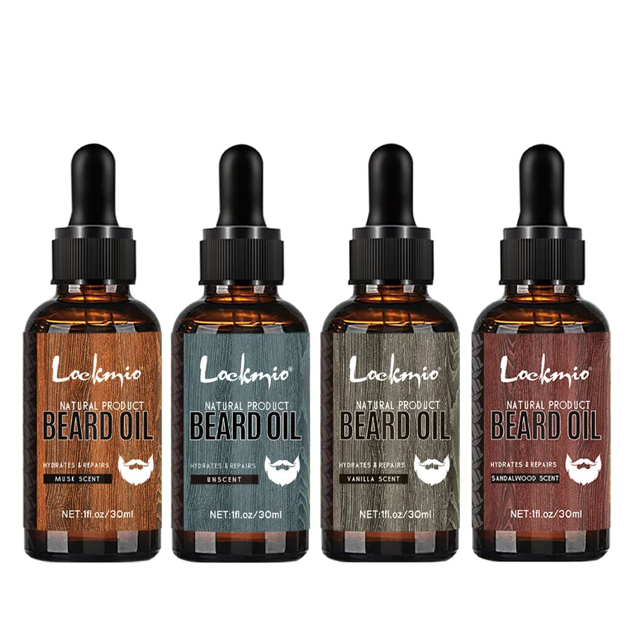 30ml 4 pièces ensemble d'huile de barbe parfumée produit moustaches hydratant croissance brillance lisse moustache adoucir renforcer l'huile de barbe pour hommes