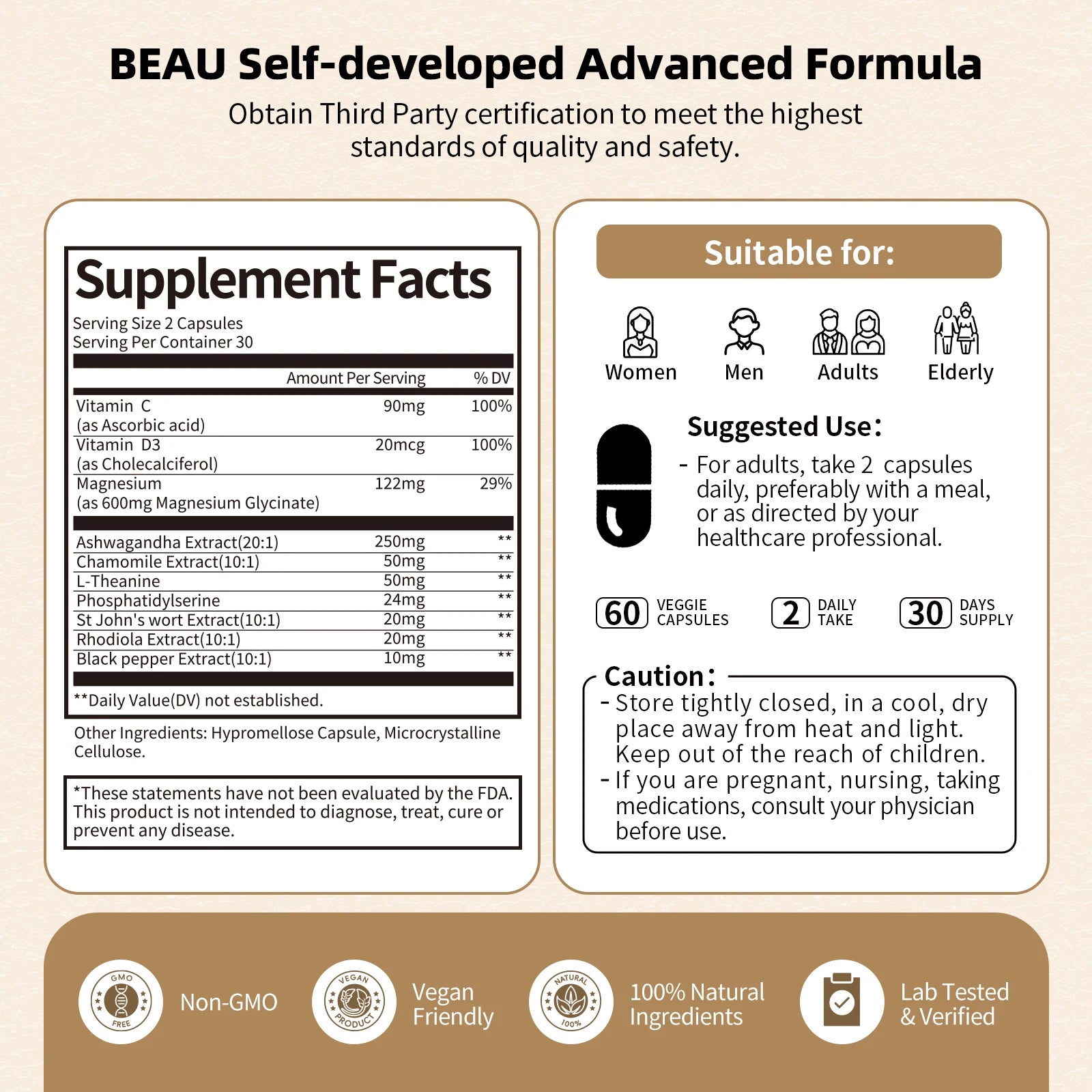 BBEEAAUU Agent de gestion des suppléments de Cortisol pour hommes et femmes Détox Niveaux de Cortisol bas et élevés, Relaxation et Support de nuit, Non OGM