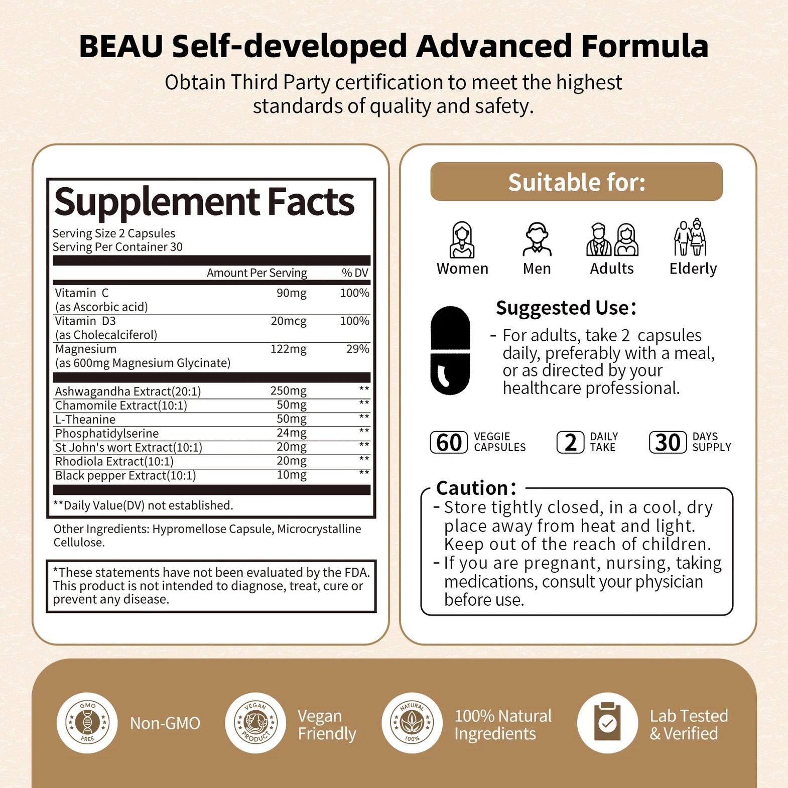 BBEEAAUU Agent de gestion des suppléments de Cortisol pour hommes et femmes Détox Niveaux de Cortisol bas et élevés, Relaxation et Support de nuit, Non OGM