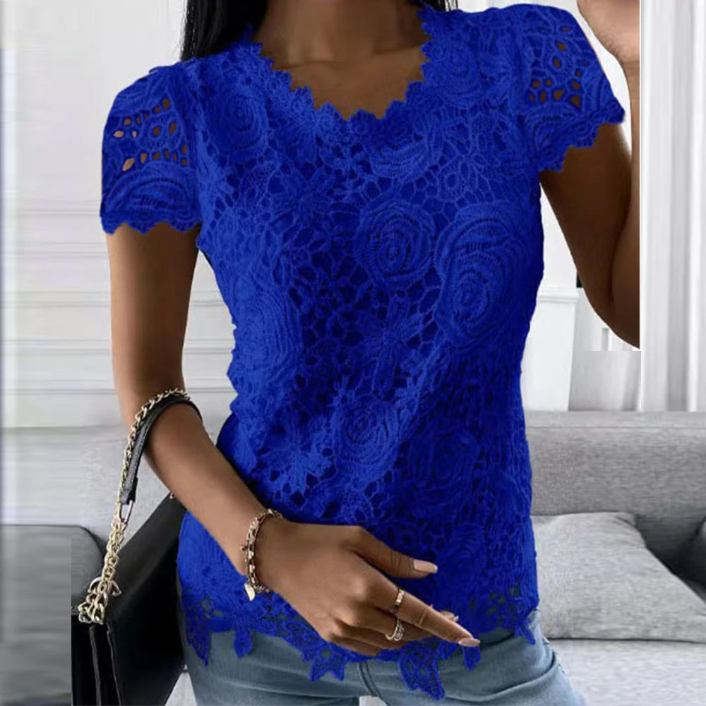 Femmes dentelle col rond hauts T-Shirts dames été décontracté à manches courtes Blouse pull mode vêtements pour