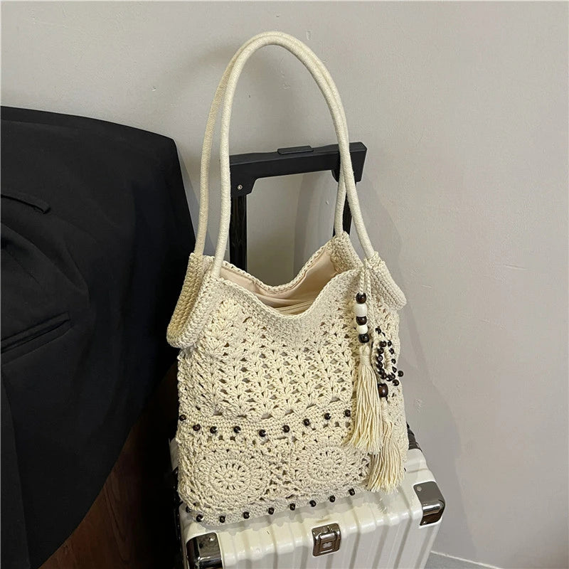 Sac à main tissé de grande capacité, sac à bandoulière ajouré, fourre-tout en Crochet, fourre-tout bohème tissé pour femmes, sacs de Shopping tricotés