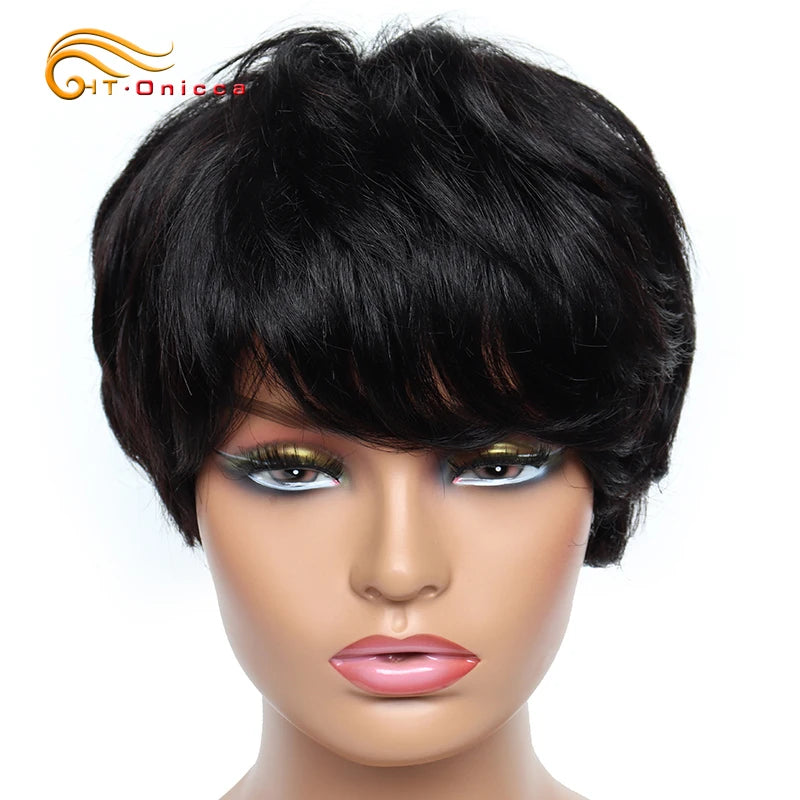 Cheap short human hair wigs, bob pixie cut human hair wig for women, Brazilian hair human hair wig, colored wig with bangs