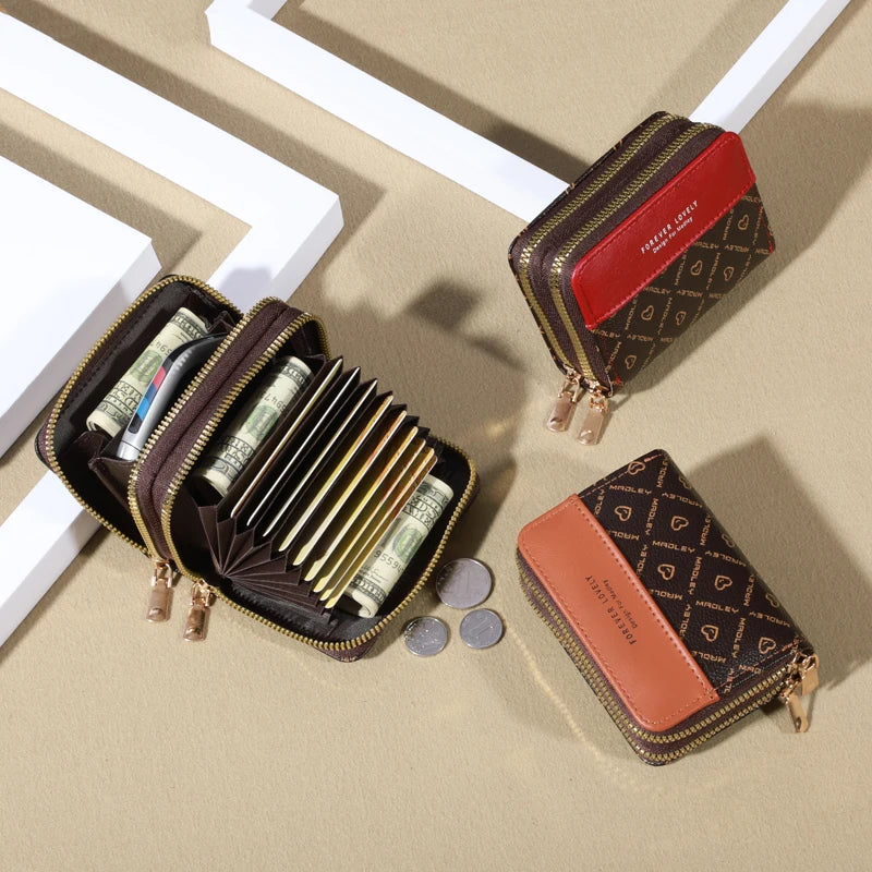 Mini faux leather wallet with double zipper, compact classic pouch, multiple card slots, matching pocket, RFID protection, chic 