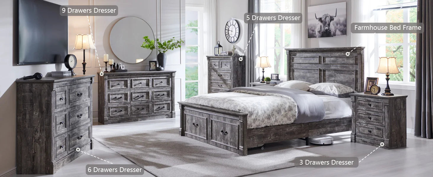 Cadre de lit queen size Farmhouse, avec tête de lit de 51 po de hauteur, cadre de lit en bois avec pied de lit de 20 po de hauteur et 2 grands tiroirs de rangement