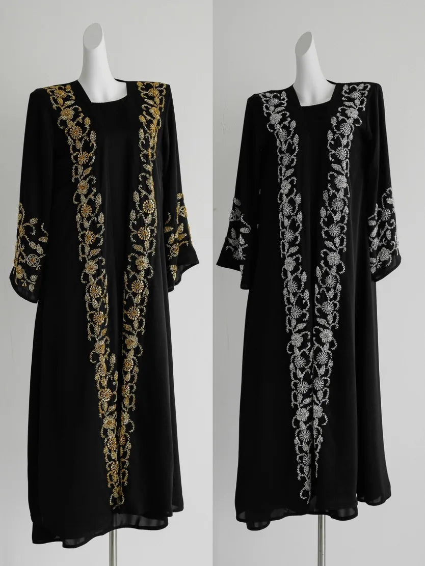 Dubai Abaya Large Kaftan Embroidery Hijab Luxury Beaded Muslim Abaya for Women French Dress Gold Embellished Open Abaya