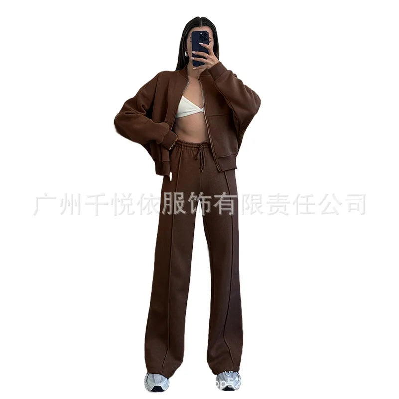 Women's two-piece casual set, solid color, sweatshirt, long sleeves, zip-up coat, long pants, pockets, elegant, autumn/winter 2025