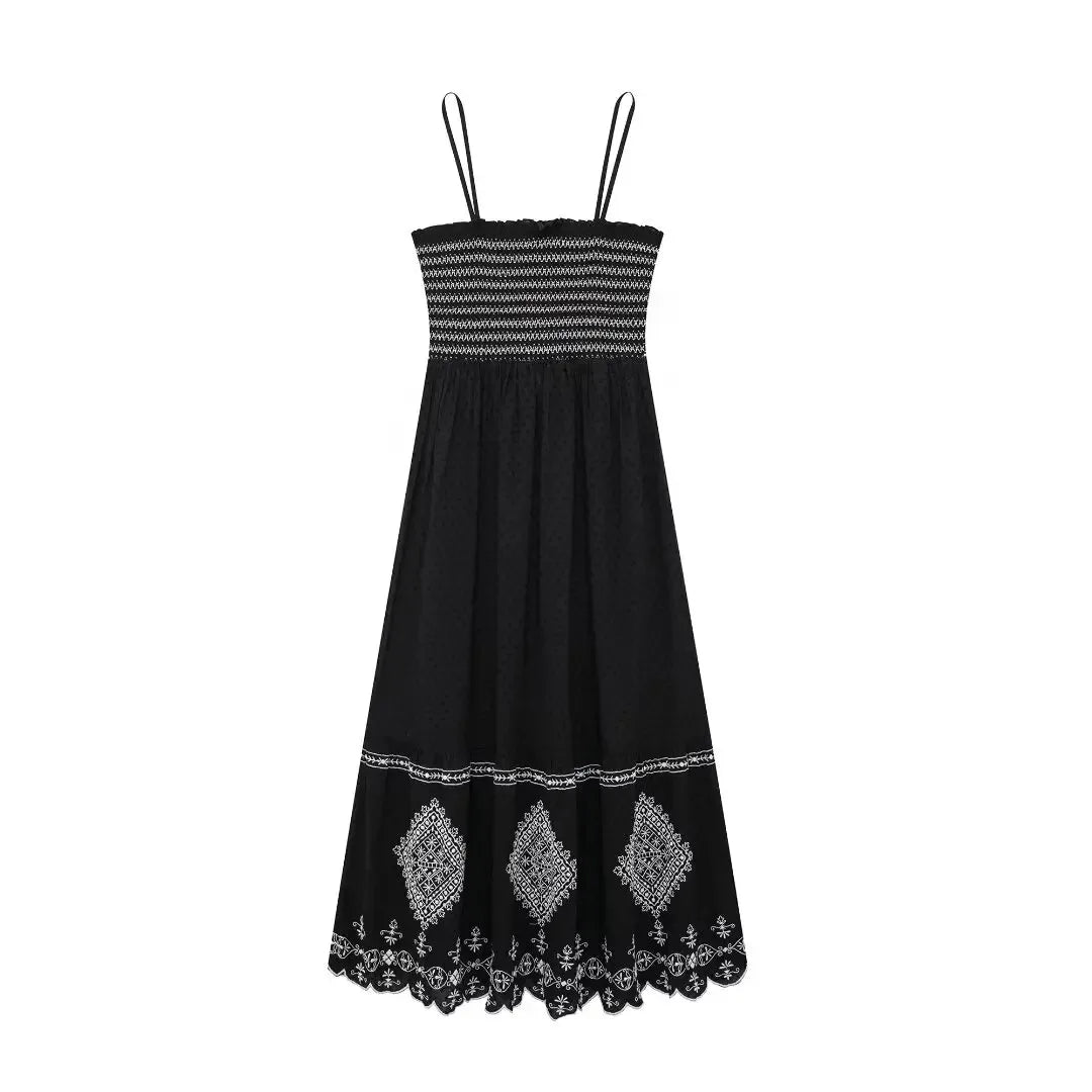 Robes pour femmes printemps et automne broderie florale col carré ample Style ethnique sans manches Robe plissée